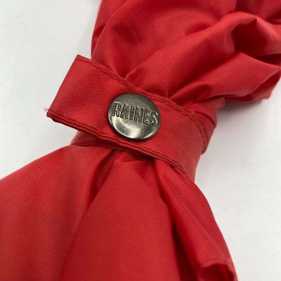 Raines Wooden Duck Head Handle Red Umbrella w/Strap Push Button Vintage - Picture 2 of 7